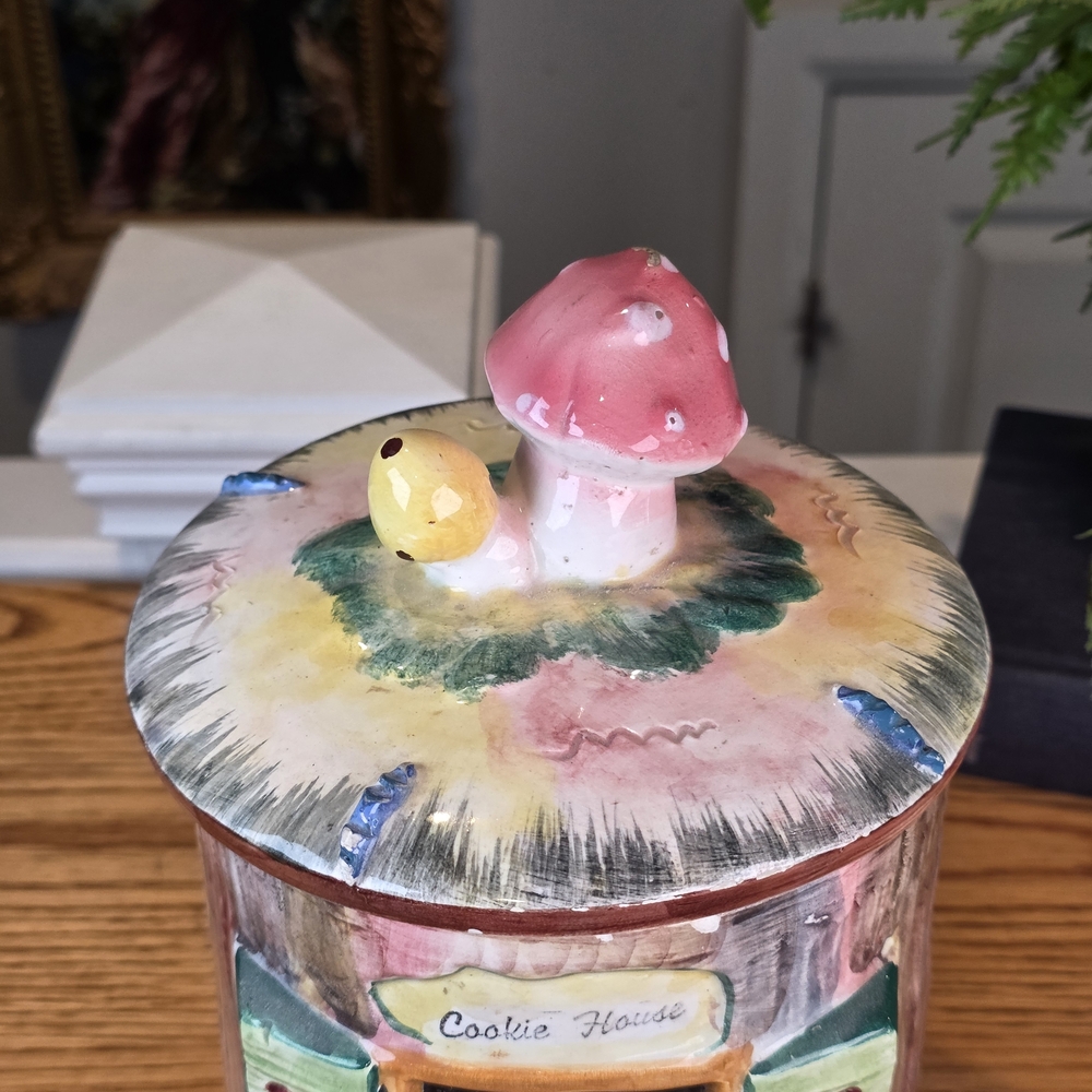 Vintage Cookie House Jar Mushroom Lid Blue Birds Kitsch Metlox Poppytrail - Picture 3 of 16